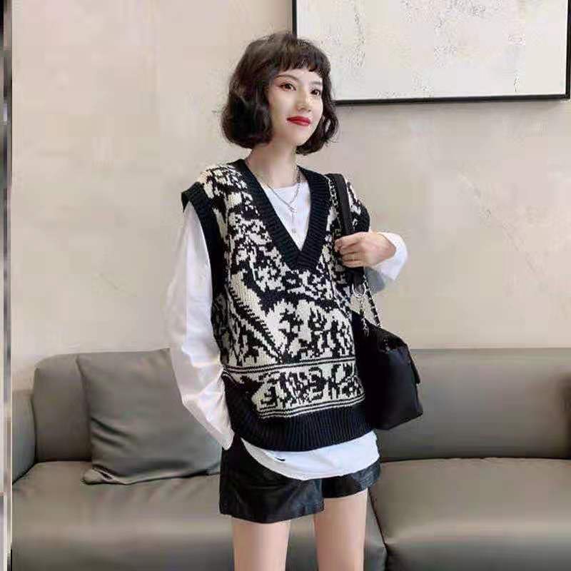 

Жаккардовый вязаный свитер, жилет, женский весенне-осенний универсальная верхняя одежда с v-образным вырезом, свободный корейский свитер, пуловер, женский топ One Size чёрный