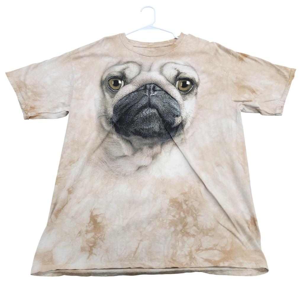La Camicia da Montagna Uomo XL Beige Grafica Faccia di Carlino T-shirt Animale Top Senza Etichetta Maglietta Unisex