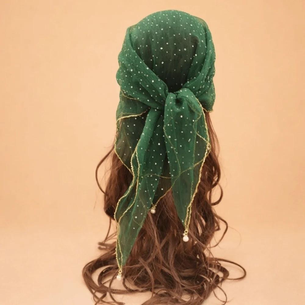 Fashion Pearl Tassel Diamond Hijab Rhinestone Square Pearl Tassel Scarf Thin Veil Full Sky Turban Hair Accessory