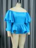 AOMEI Evening Party Blouse for Women Blue Cold Shoulder Long Lantern Sleeves Ruffles Birthday Cocktail Event Occasion Pullover Peplum Tops