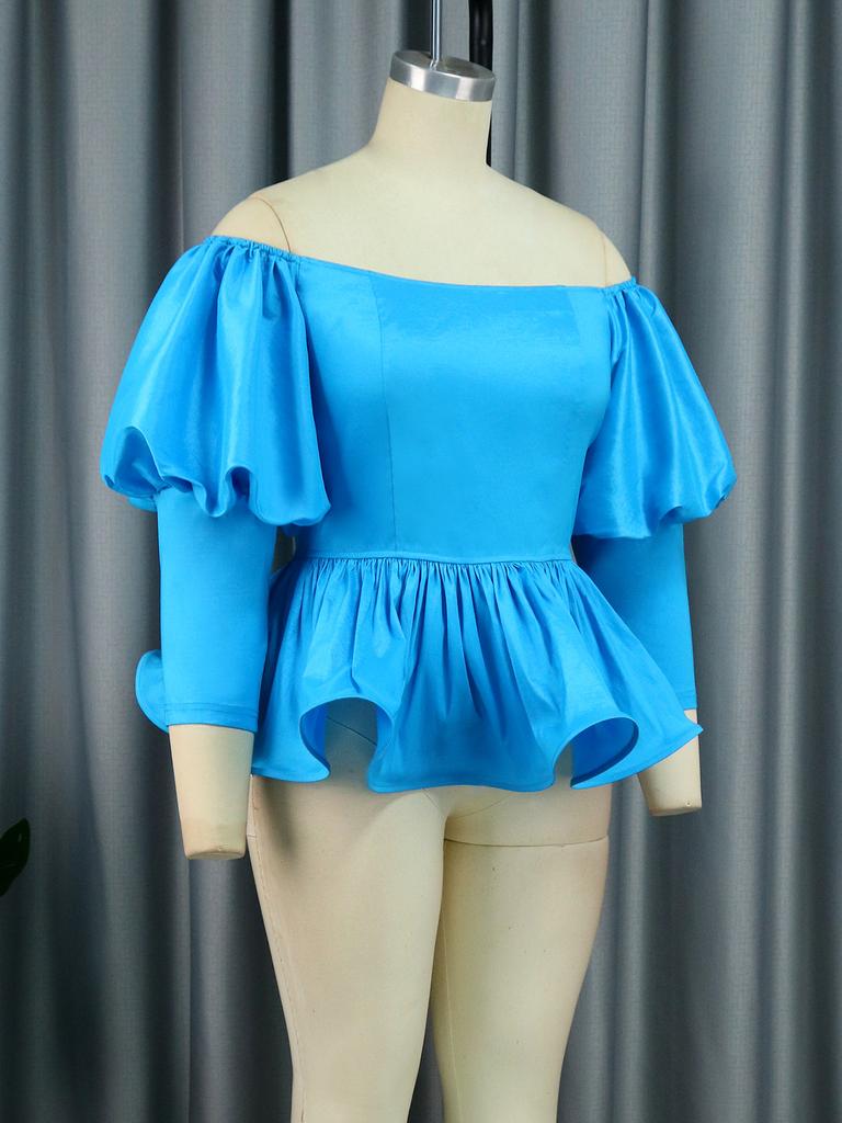 AOMEI Evening Party Blouse for Women Blue Cold Shoulder Long Lantern Sleeves Ruffles Birthday Cocktail Event Occasion Pullover Peplum Tops