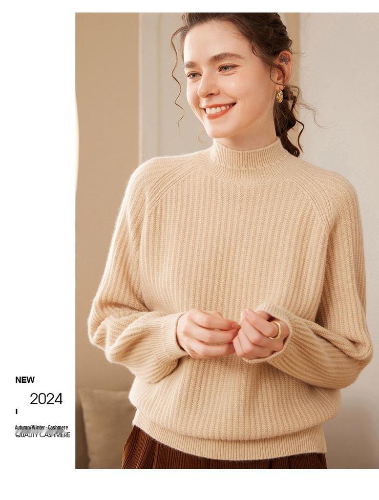 Women's Cashmere Pullover: Loose Fit, Thick 7-Gauge, Half-High Collar, Solid Color Knitwear Sweater for Autumn/Winter.