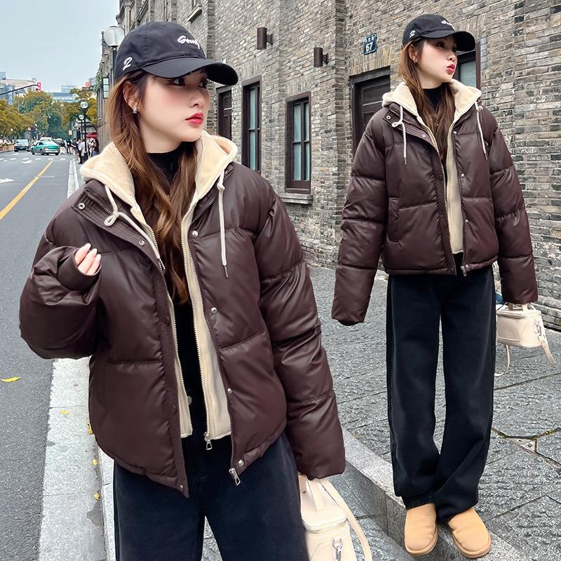 Women S Short Hooded Cotton Padded Coat Fake Two Piece Casual Jacket