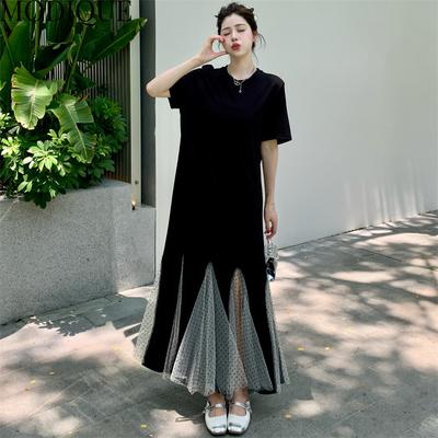 MODIQUE Sommer Plus Size Damen Lose Vielseitige Dot Mesh Patchwork Plissee Meerjungfrau Kleider Weiblich Casual Kurzarm O-Ausschnitt Lange Kleider