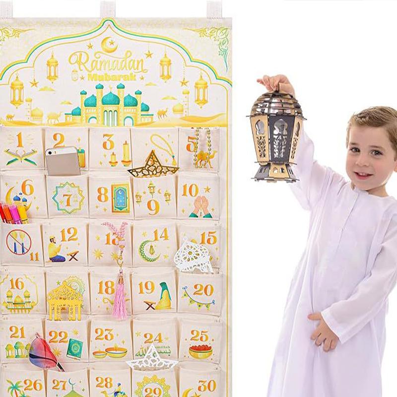 Ramadan Decor Canvas Countdown 30 Day Advent Calendar Bag For Muslim Islamic Kid Boy Girl Ramadan Decor Hanging Organizer