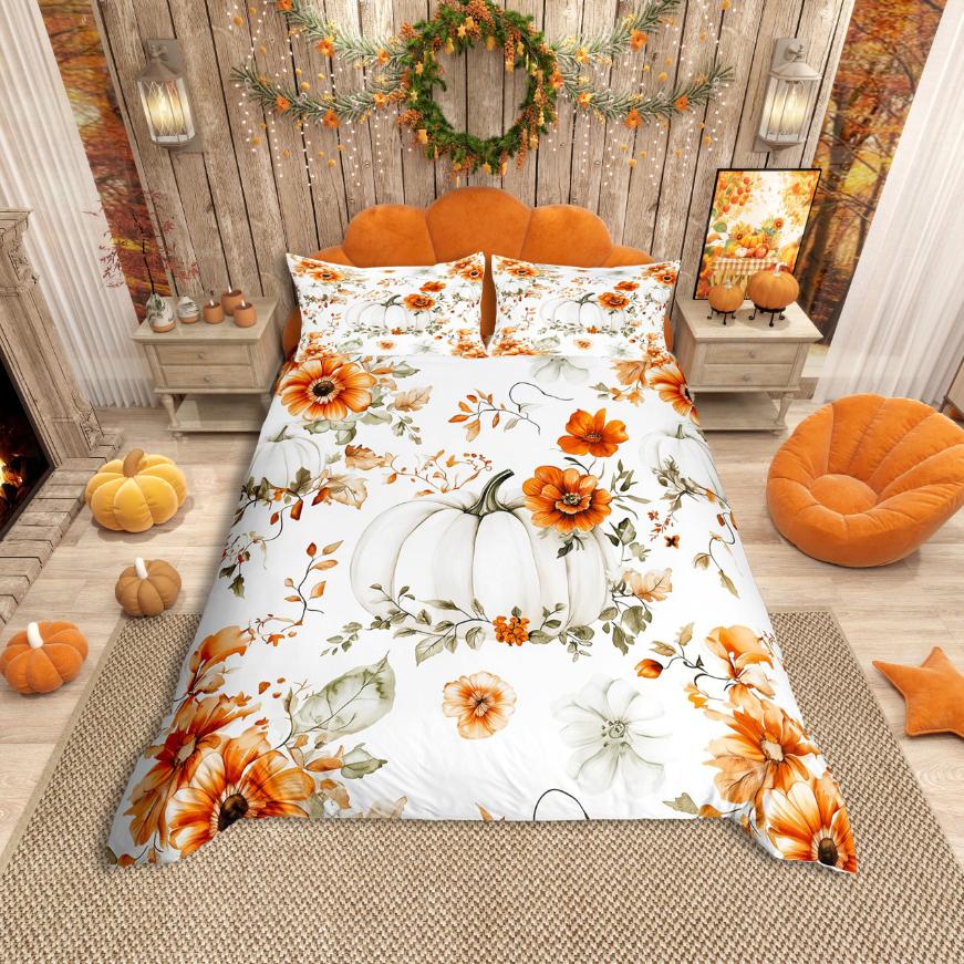 Homewish Fall Pumpkin Duvet Cover SetAutumn Theme Bedding SetOrange Truck Bed Set For AdultsBreathable Home Decor