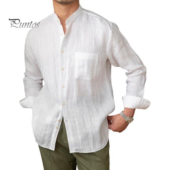 

Весна Осень Мужская рубашка с воротником-стойкой, однобортная, с длинными рукавами, на пуговицах, однотонный кардиган, деловой стиль, офисный топ M белый
