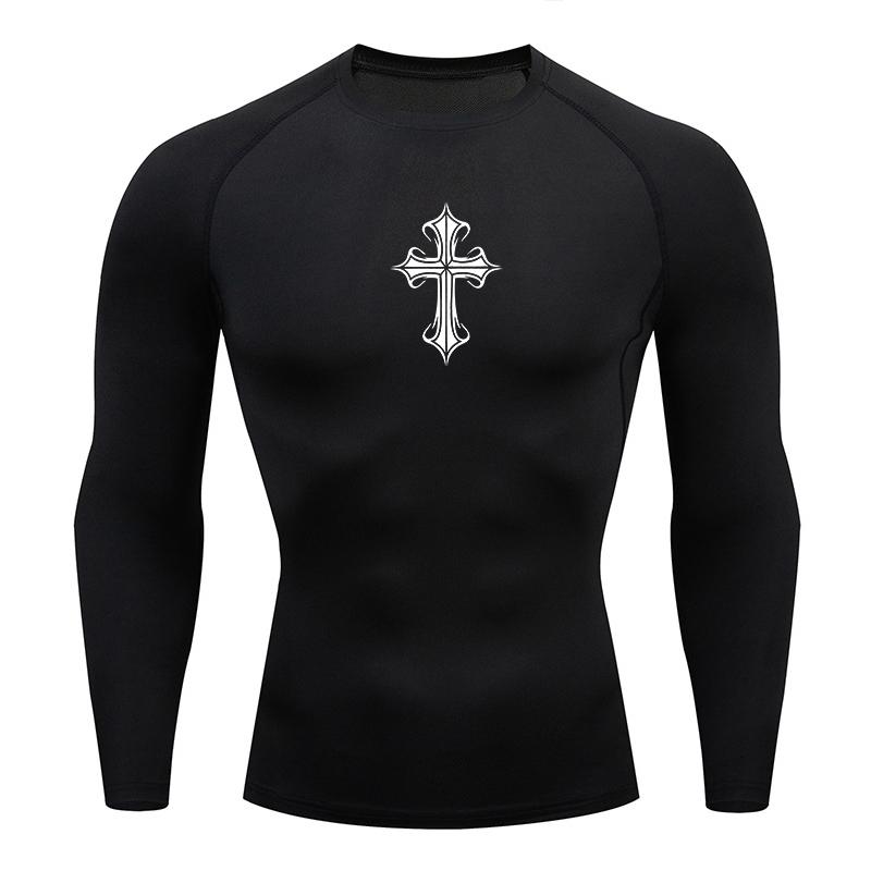Cross Print Compression Shirts for Men Athletic Quick Dry Tshirt Tees Tops Gym Workout Running Rash Guard Baselayers Undershirts