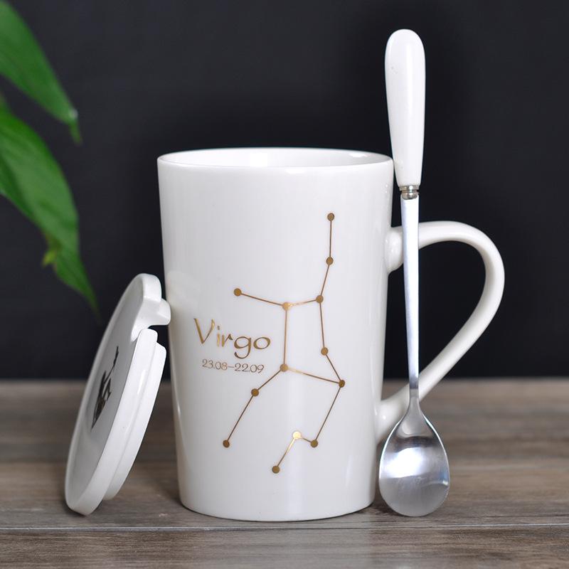 Zodiac Ceramic Mug Set: Gold Constellation Design with Lid & Spoon