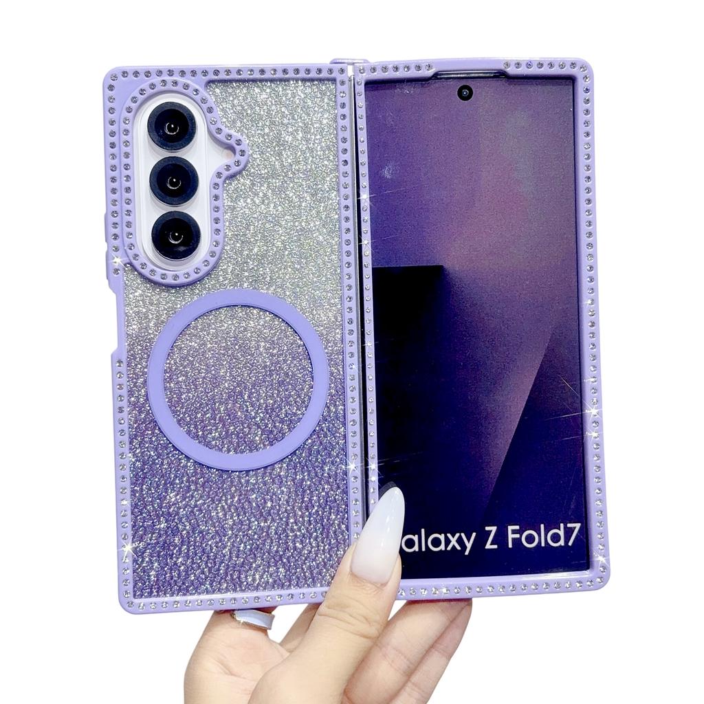 Fashion Glitter Inlaid Diamond Magnetic Phone Case For Samsung Galaxy Z Fold 7 6 5 4 3 Crystal lanyard Shockproof Slim Cover