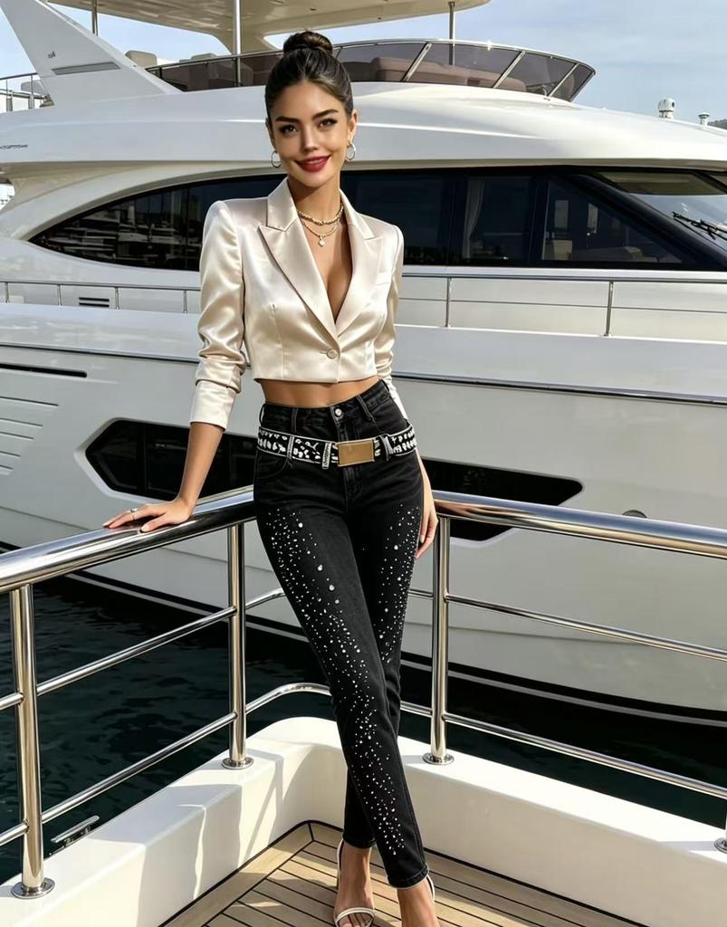 Spring/Summer 2026 Women's High-Waisted Rhinestone Straight-Leg Denim Jeans (Slimming)