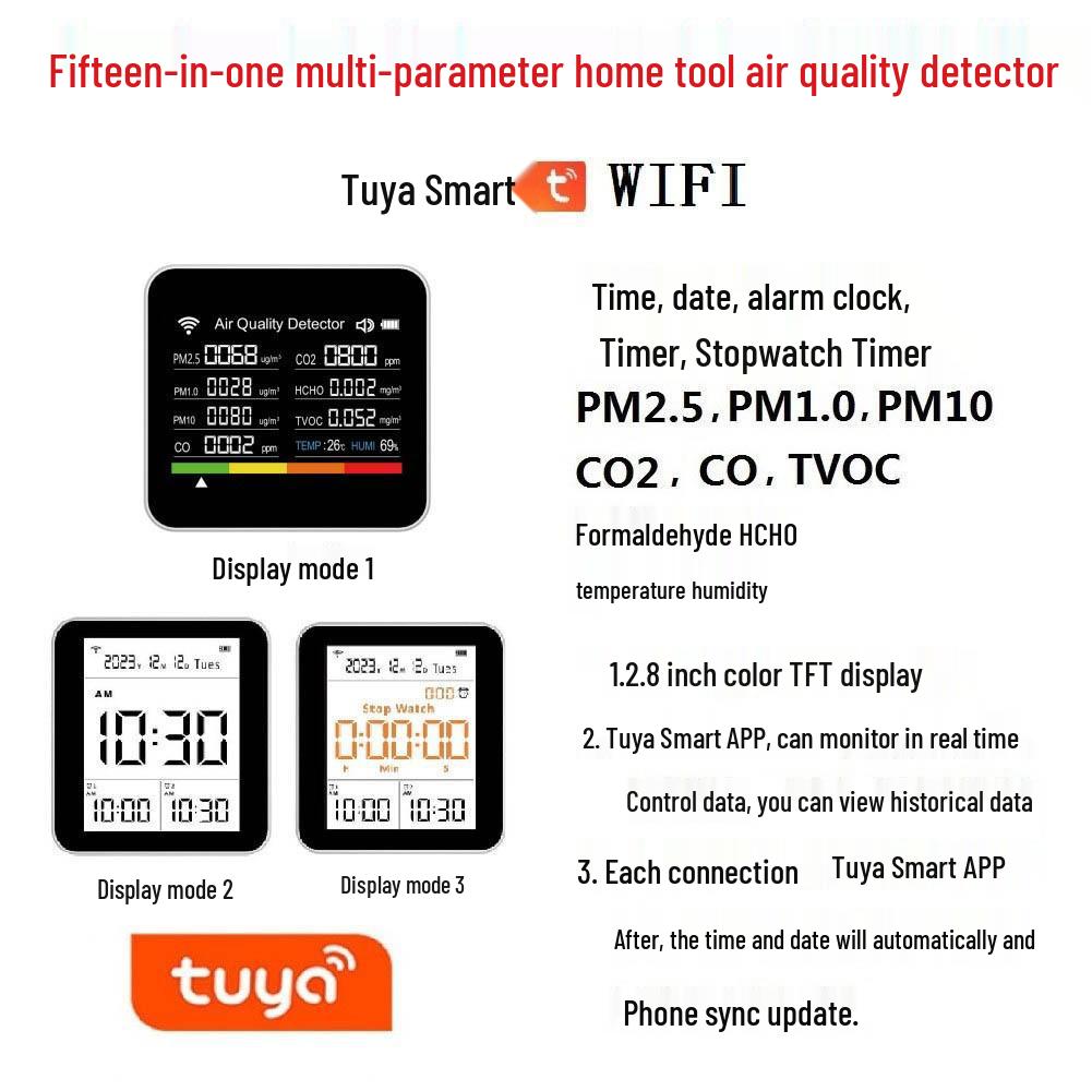 15-in-1 Smart Air Quality Detector with WiFi & Tuya App: CO2, PM2.5, Formaldehyde, TVOC, Temperature, Humidity Monitor