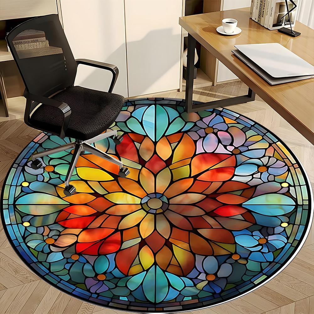 1pc Stained Glass Mandala Office Round Area Rug, Under Office Chairs Bedroom Living Room Home Decor, Room Deco