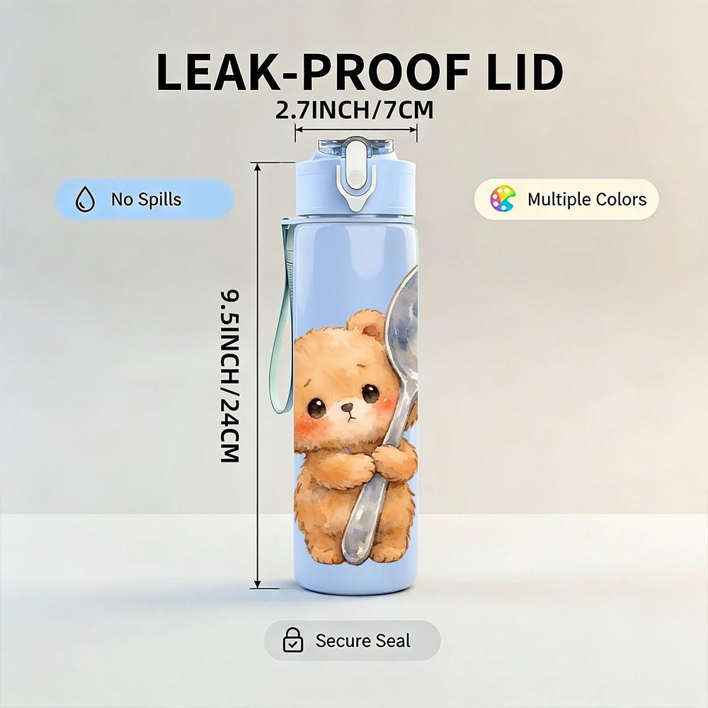 1PC Bear Holding Spoon Cute Cartoon Print 750ml Color Plastic Sports Water Bottle Leakproof Flip Straw Lid Suitable for Sports Office Home Use