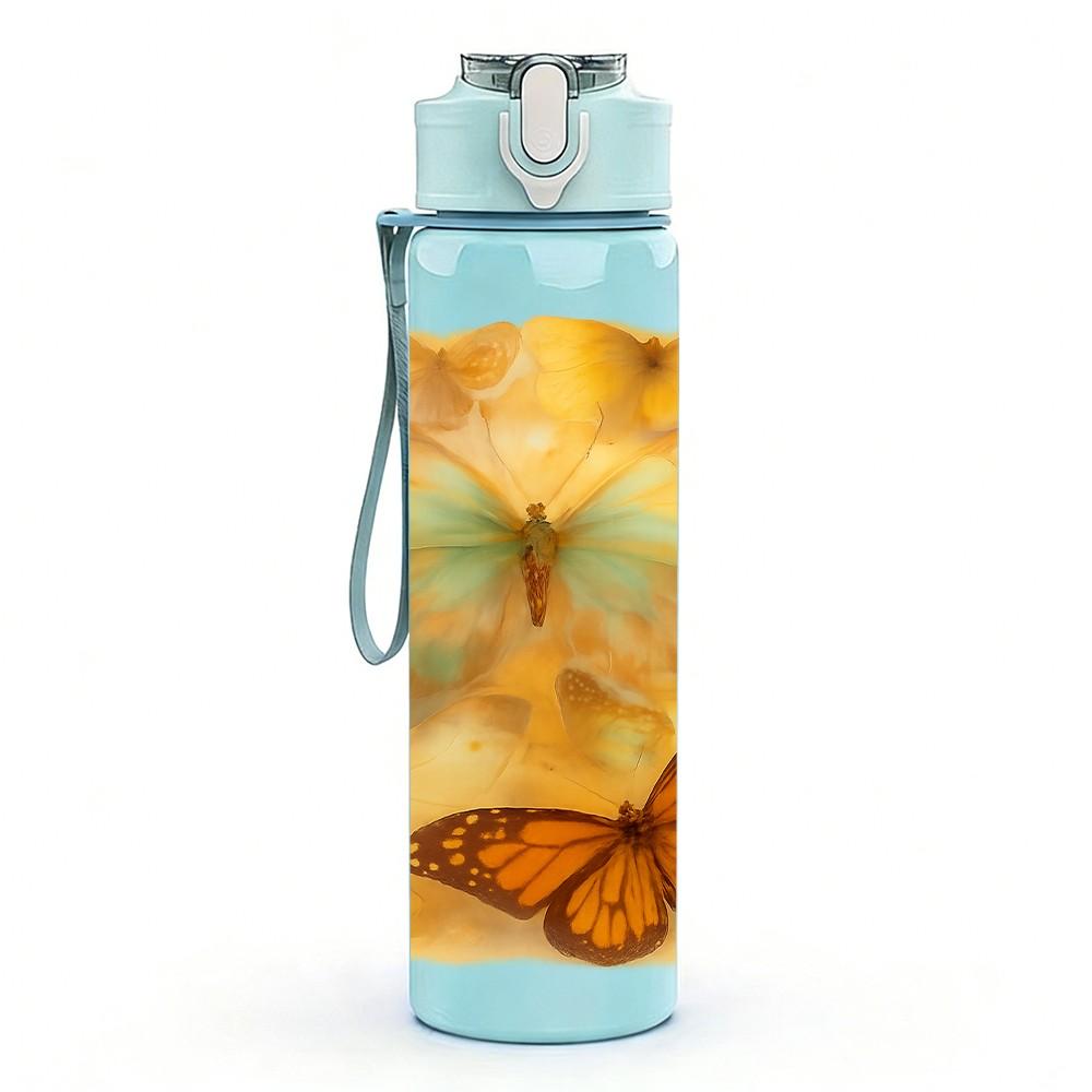 1PC Butterfly On Warm Tone Flower Print 750ml Color Plastic Sports Water Bottle Leakproof Flip Straw Lid Suitable for Sports Office Home Use