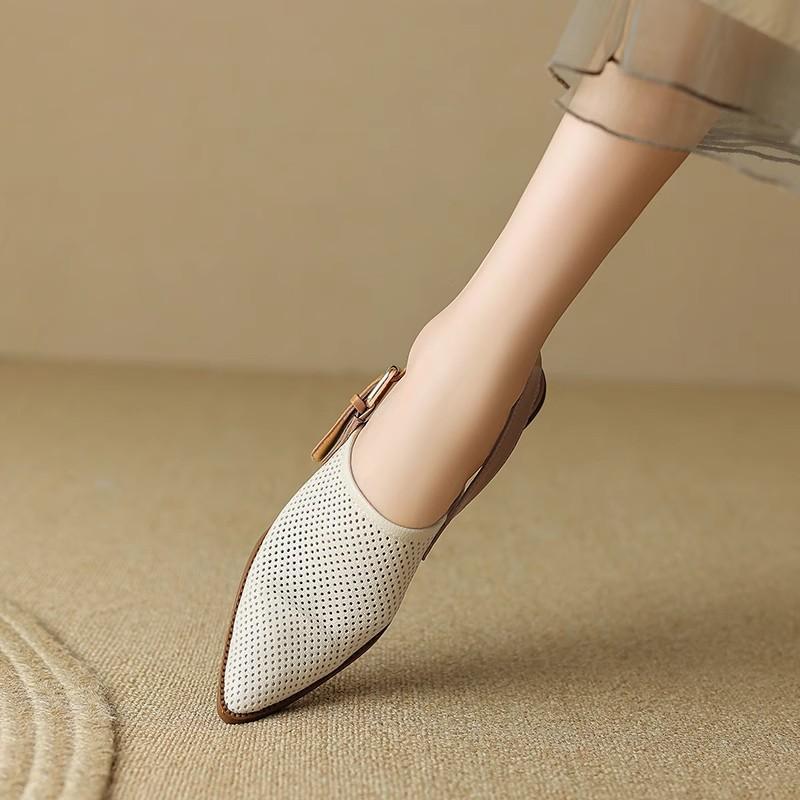 2025 summer sandals women's small hole hole breathable fly woven bag head small fragrant wind word with thick heel pointed middle heel women's shoes