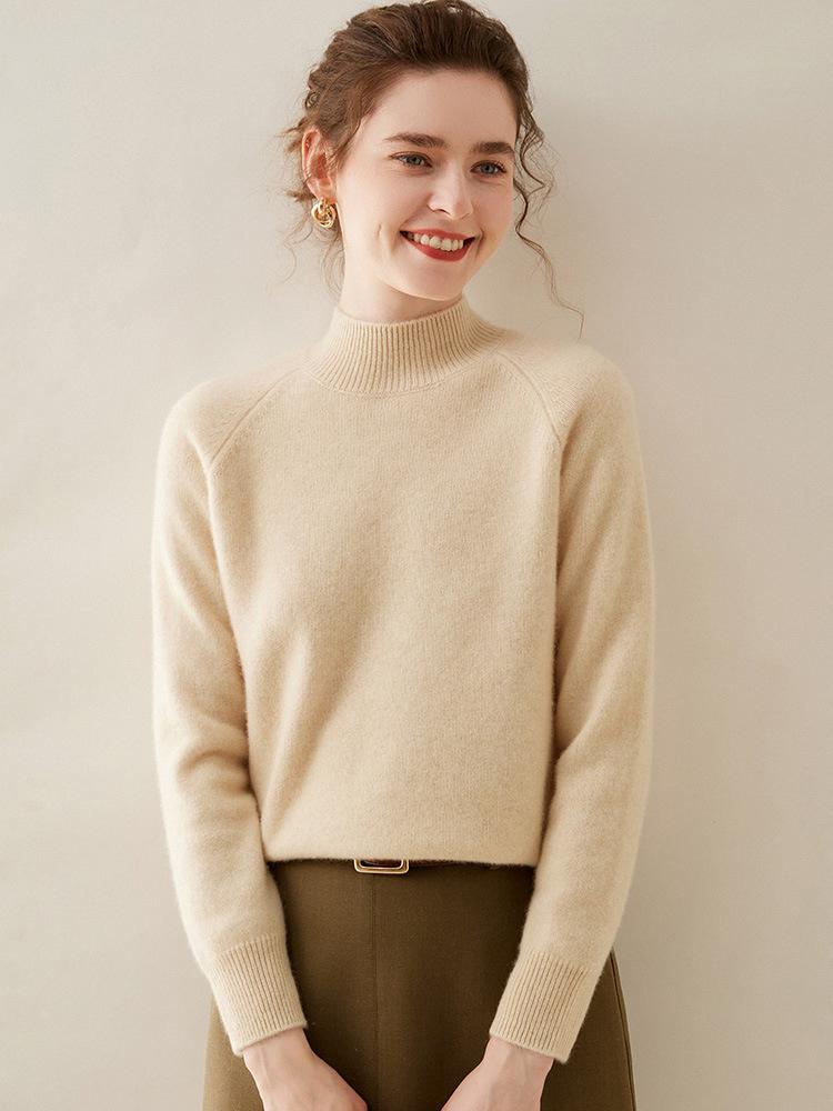 Women's Winter Cashmere Sweater: Half-High Collar, Thick, Skin-Friendly, Solid Color, Loose Fit, Wool Insert Sleeves, Knit Base Layer