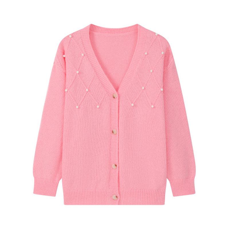

2025 European & American Pink Pearl Beaded Knit Cardigan Sweater – Women s Slim Fit M рожевий