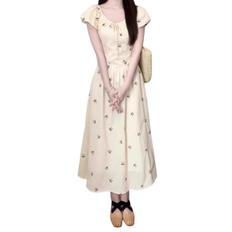 Gentle Wind Floral Bubble Sleeve Dress Women's Summer New Bow Niche Design Temperament Beautiful Long Dress