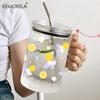1PCS 1000ML Bow-Knot Glass with Lid and Straw Handle High Borosilicate Glass Glass Water Cup Coffee Cup Summer Winter Drinkware