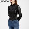BITCED Women's Studded Leather Jacket Spring/Autumn Long-Sleeved Stand-Collar Fashion Jacket