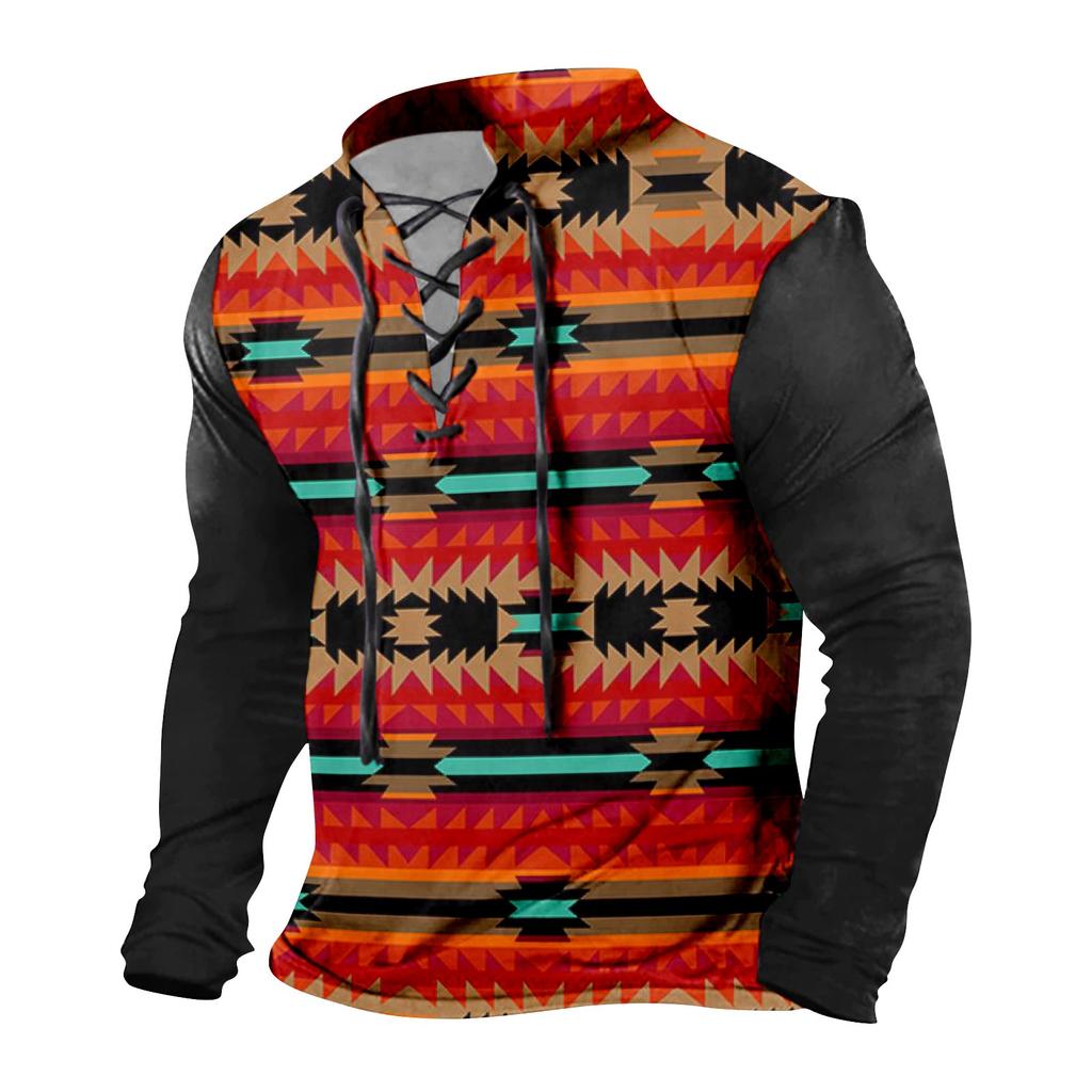 Men's Fashion Casual Printed Long Sleeve Bandage Retro Shirt Top Blouse