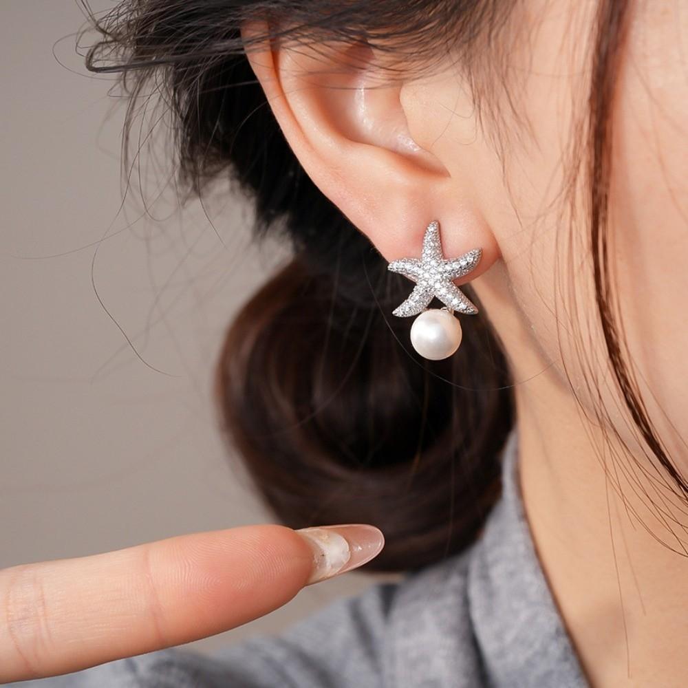 Ocean Style Starfish Starfish Pearl Stud Earrings Crystal Starfish Ear Studs  Women