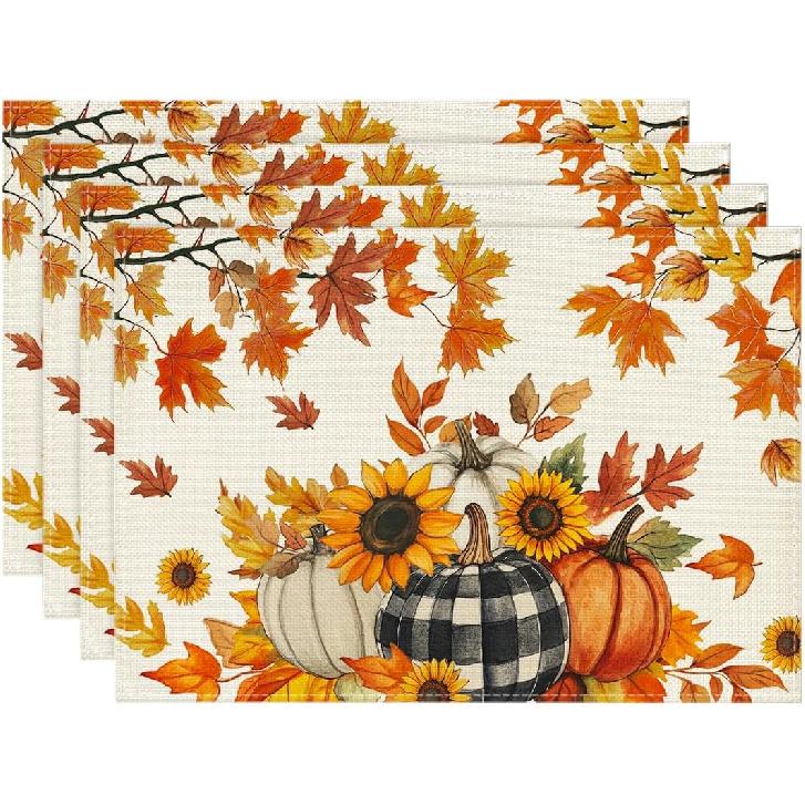 Artoid Mode Fall Pumpk Sunflowers Leaves Placemats Set of 4, 12x18 Inch Thanksgiving Vintage Table Mats for Dining Party Decoration
