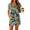 Women's Summer V-Neck Short Sleeved Drawstring With Pocket Floral Print Casual Dress