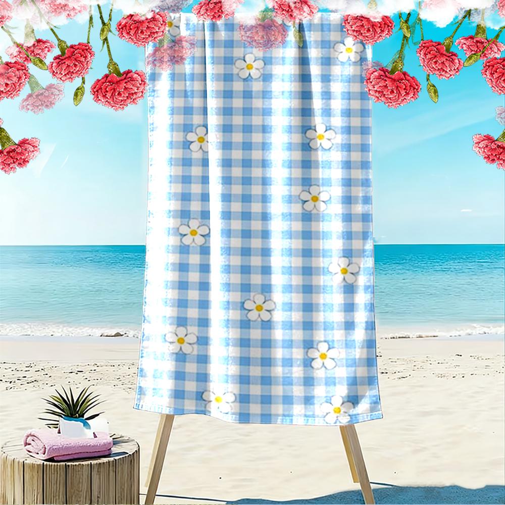 Blue Checkered Daisy Pattern Beach Towel quick-drying for travel outdoor sports jogging beach and swimming