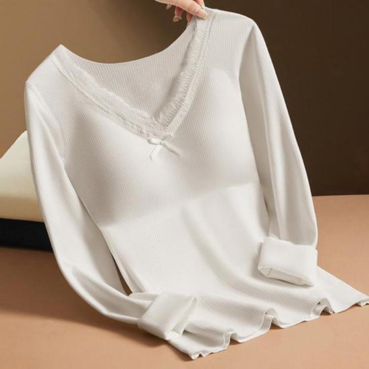 Winter Thermo Oberteil Langarm V-Ausschnitt Damen Slim Fit Shirt Spitzenbesatz Einfarbig Gepolsterte Innenschicht