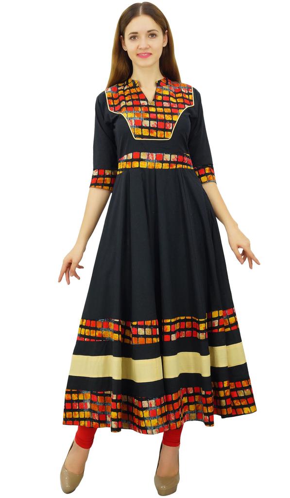 Bimba Women's Cotton Kurti Long Flared Anarkali Kurta 3 4 Sleeve Designer Indian Tunic| Black|