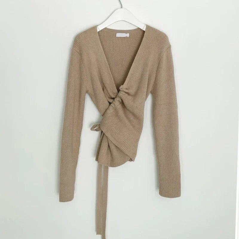 

Осенний корейский повседневный кардиган, женский тонкий модный свитер с длинными рукавами на шнурке, дизайнерский кардиган, трикотаж, элегантные топы 30319 One Size хаки