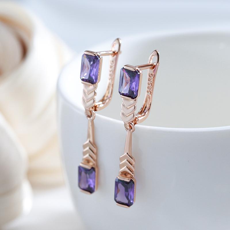 Rose Gold Color Long Drop Earrings For Women Fashion Square Purple Natural Zircon Accessories Daily Fine  Jewelry