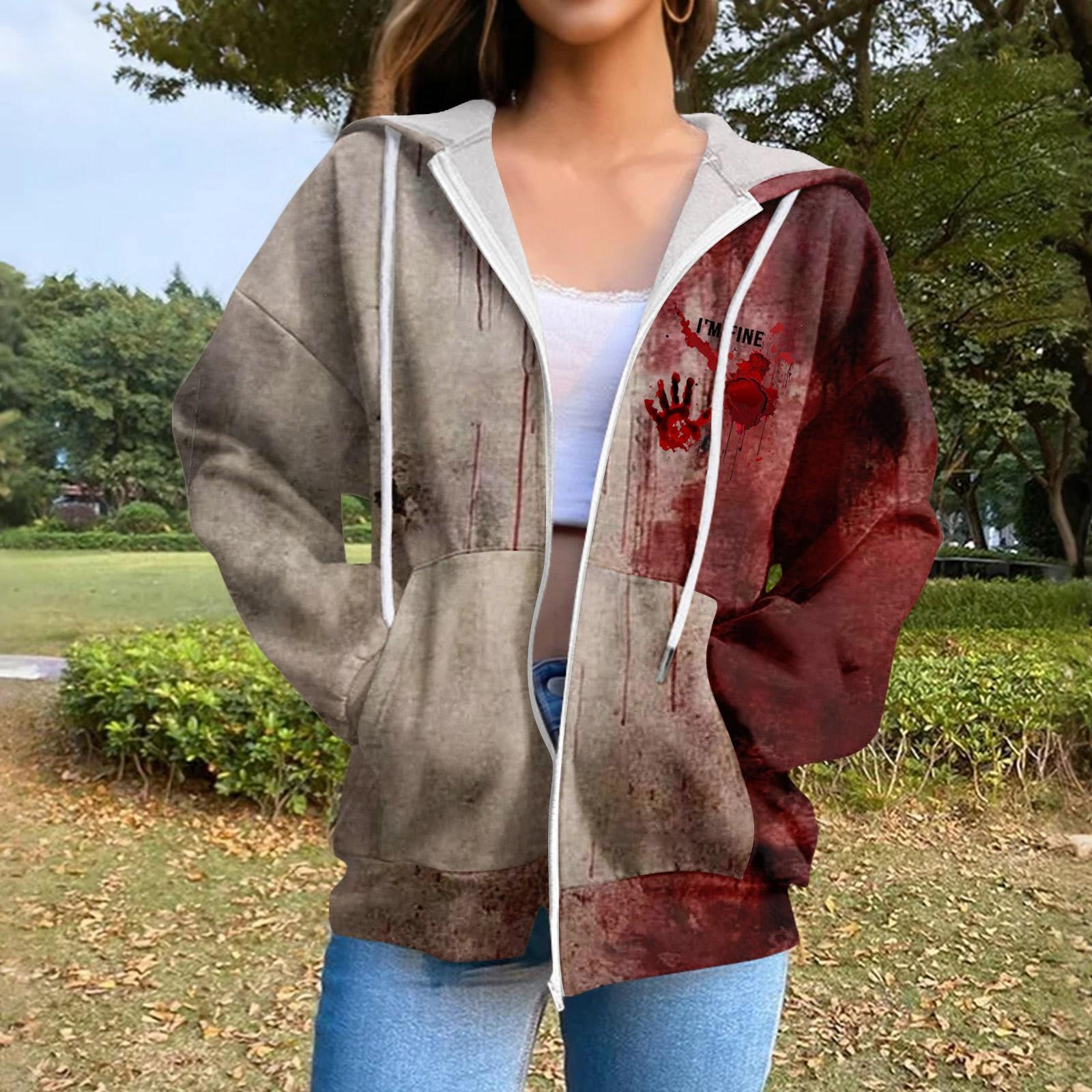 

Women s Casual Fashion Long Sleeve Zipper Printed Drawstring Hooded Sweatshirt L чорний