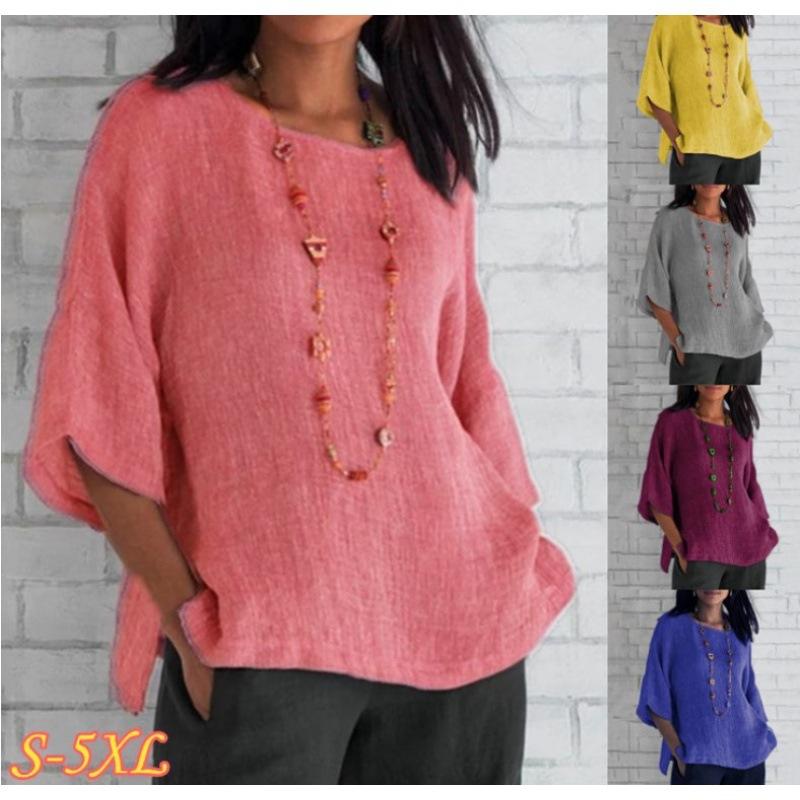 

New Style Women s Clothing Three-quarter Sleeve Round Neck Linen Shirt Top 5XL рожевий