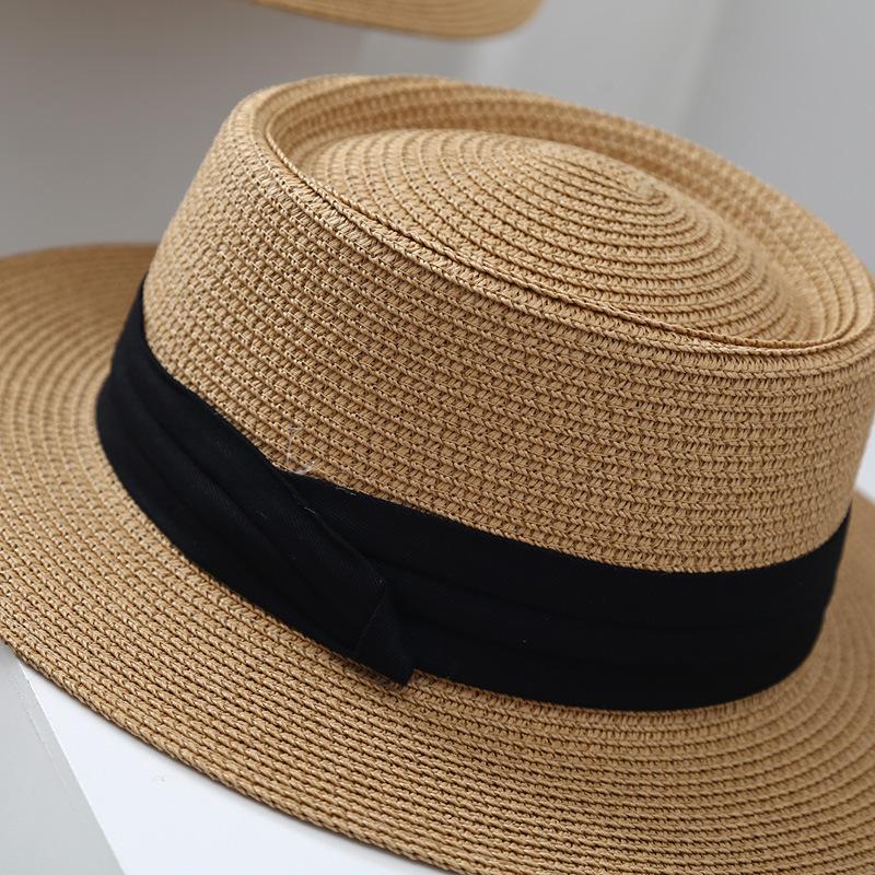 Spring and Summer Beach Flat Top Hat Women's Straw Knitted French Wide Brimmed Jazz British Sun Hats