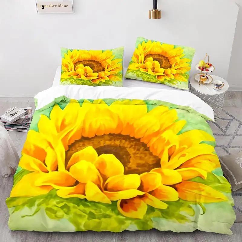 Oil Painting Duvet Cover Set Queen Blooming Sunflowers Twin Bedding Set Blue Sky White Cloud Landscape Polyester Comforter Cover