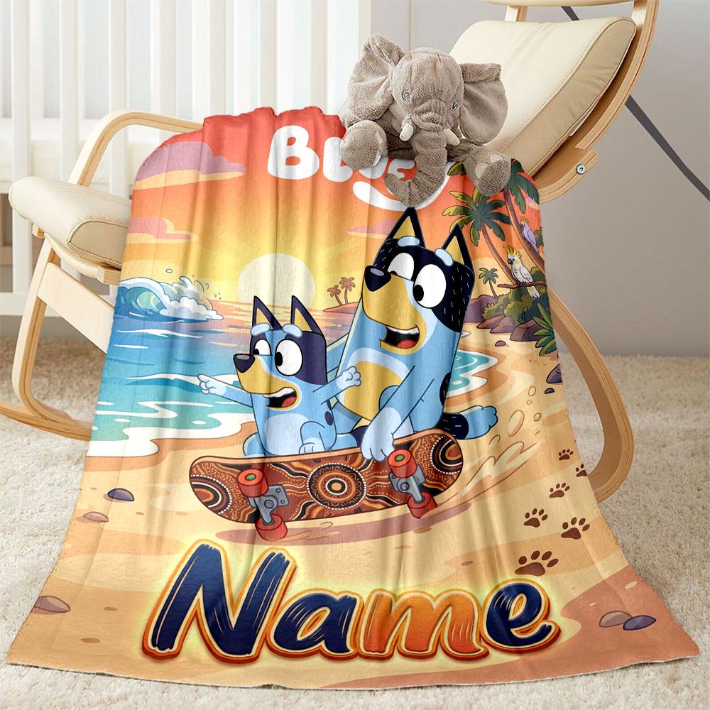 Bluey's Beach Adventure Customize Text Blanket Throw Personalized Blanket Warmthful Decor Perfect for Office Seaside Chair Office Chair All-Season Use