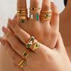 Stainless Steel Green Stone Rings for Women Men Vintage Geometric Metal Heart-Shaped Leaf Circular Open Ring Party Jewelry Gifts