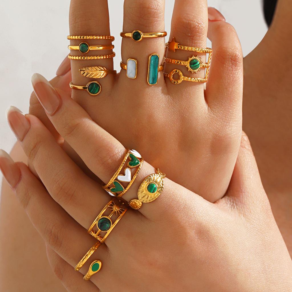 Stainless Steel Green Stone Rings for Women Men Vintage Geometric Metal Heart-Shaped Leaf Circular Open Ring Party Jewelry Gifts