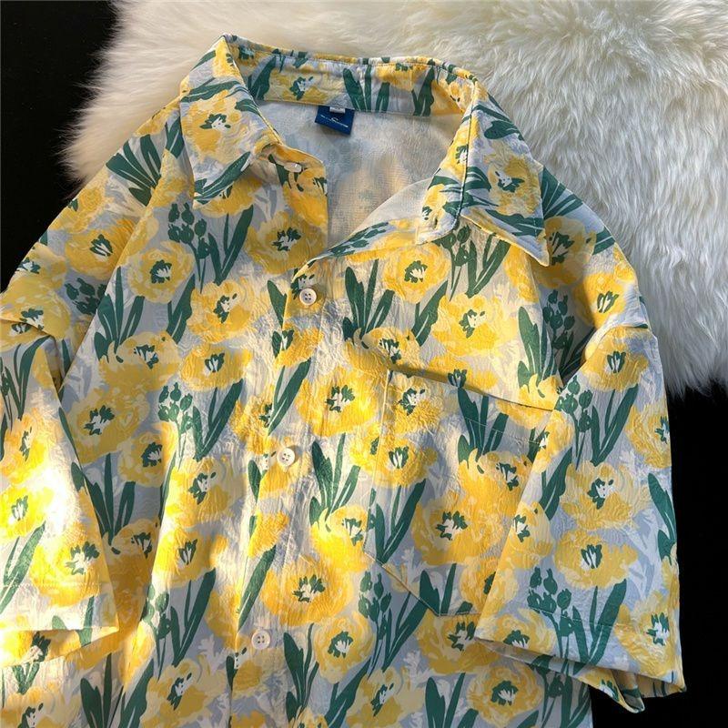 

Рубашки женские с коротким рукавом с гавайским принтом Американский ретро-шик Карманная рубашка Свободный повседневный стиль Летняя одежда для отпуска XXL