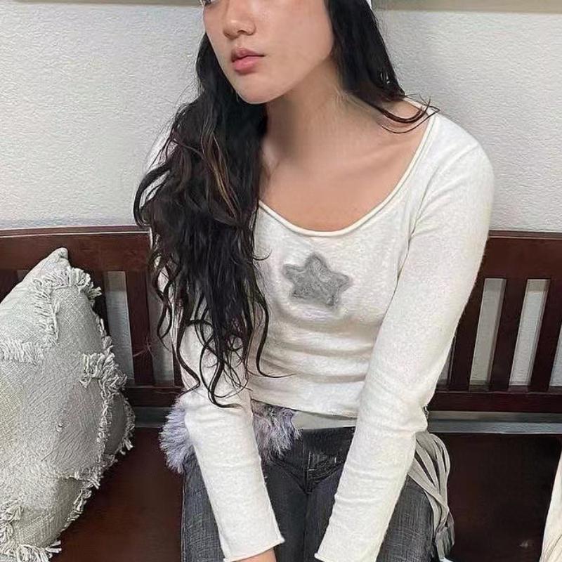 2024 Letní triko Harajuku s dlouhým rukávem trička s dlouhým rukávem Y2k Fairy Grunge Star s potiskem Goth Ženy Korejská móda Ležérní Sexy štíhlá trička