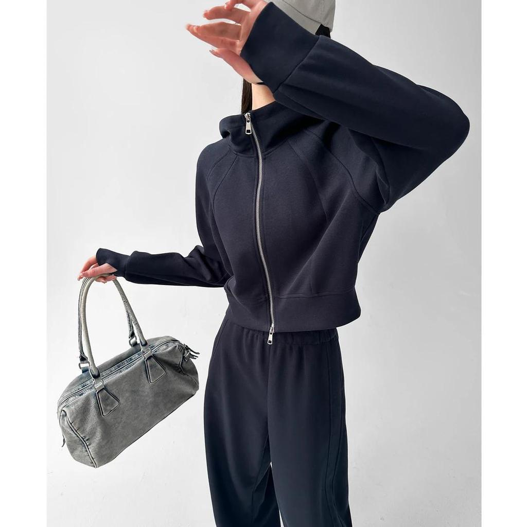 Small Waist Short Body Sports Hooded Sweatshirt Top for Spring and Autumn Loose Zipper Jacket for Women