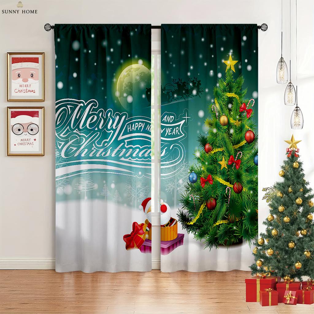 Merry Christmas Elk Red Vintage Print Curtains 100% Polyester Bedroom Living Room Holiday Party Decorative Curtains 2pcs