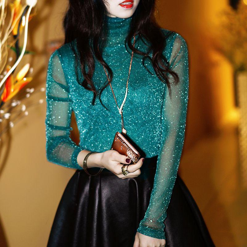 Dámská krajková košile s fleecovou podšívkou, Sexy průsvitná síťovaná košile s dlouhým rukávem, Elegantní módní top