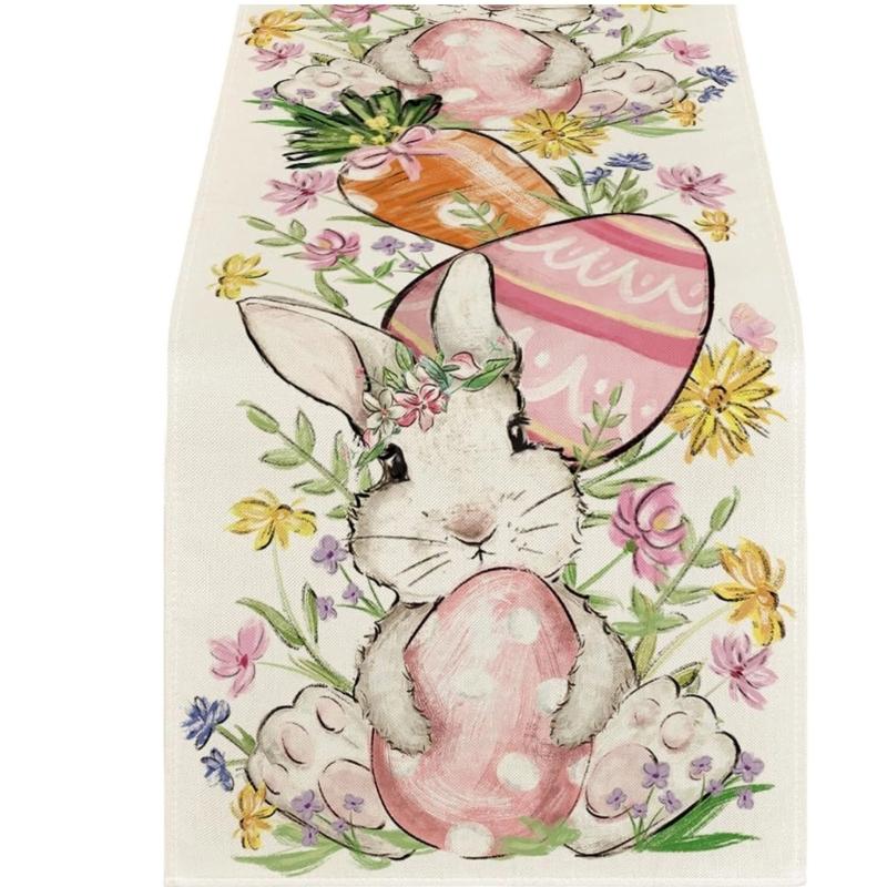 Linen Table Scarf Easter Rabbit Eggs Pattern Rectangular Washable Table Runner For Spring Decorations And Home Styling