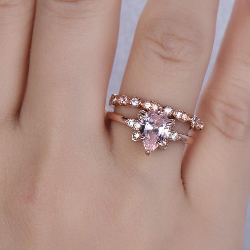 New Rose Gold Inlaid with Water Drop Powder Zircon Pair Ring European Beautiful Women's Wedding Engagement Floral Jewelry