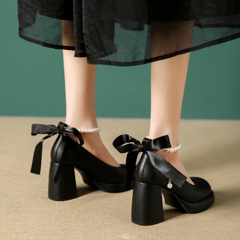 New pearl leather single shoes women's Korean version fairy style large size thick heel women's fashion bow size 43 high heels