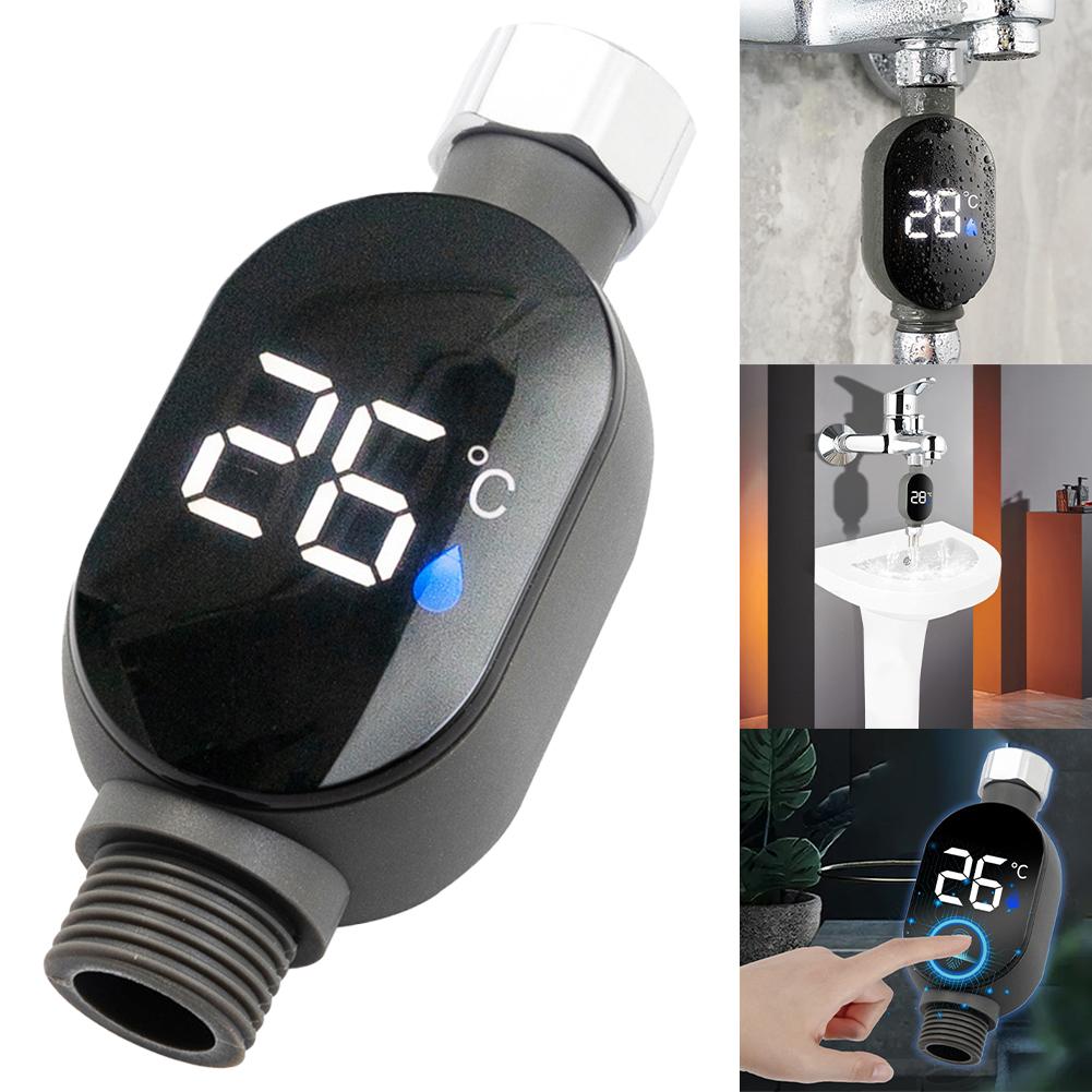 For 1 2 Inch Water Pipes LED Shower Thermometer Black Gray Long Lasting Stainless Steel Thermometer Thermostat Convenient Use